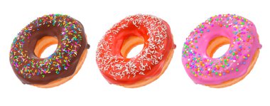 Beyaz arka planda serpiştirilmiş jöleli çörekler. Hamur işi ve şekerlemenin 3D çizimi ve çizimi