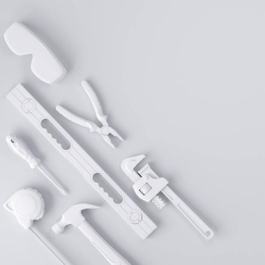 Beyaz üzerinde onarım ve kurulum için monokrom inşaat araçlarının üst görünümü