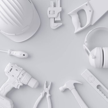 Beyaz üzerinde onarım ve kurulum için monokrom inşaat araçlarının üst görünümü