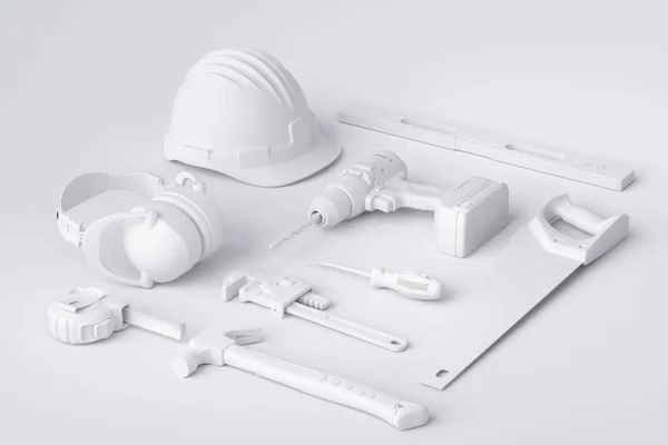 Top view of monochrome construction tools for repair and installation on white — Stock Photo, Image