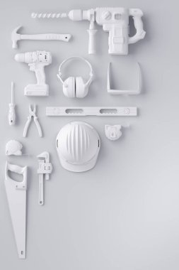 Beyaz üzerinde onarım ve kurulum için monokrom inşaat araçlarının üst görünümü