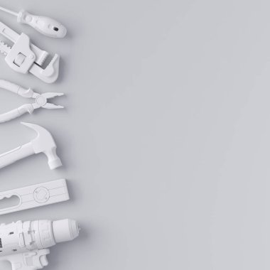 Beyaz üzerinde onarım ve kurulum için monokrom inşaat araçlarının üst görünümü