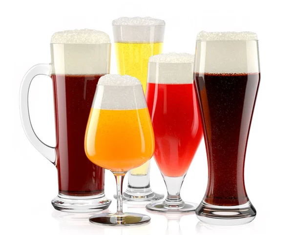 Set of fresh different beer glasses with bubble froth on white background. — Stock Photo, Image