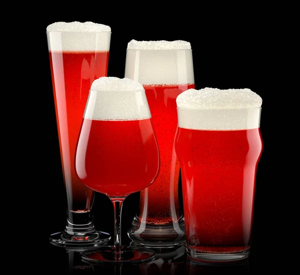 Set of fresh draft beer glasses with bubble froth isolated on black background. — Stock Photo, Image