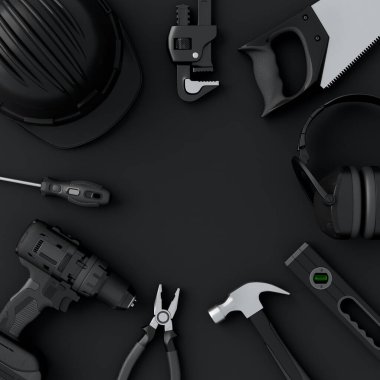 Siyah üzerine kurulum ve onarım için monokrom yapı araçlarının üst görünümü