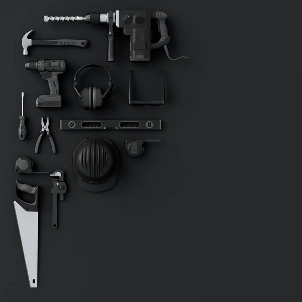 Top view of monochrome construction tools for repair and installation on black — Stock Photo, Image