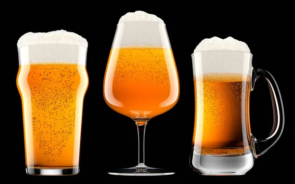 Set of fresh beer in different mugs with bubble froth isolated on black. — Stock Photo, Image