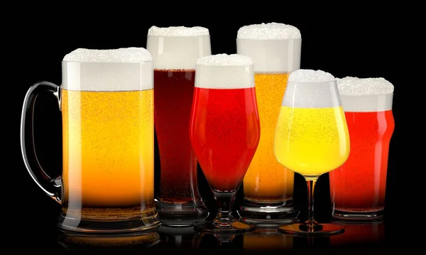 Set of fresh different beer glasses with bubble froth on black background. — Stock Photo, Image
