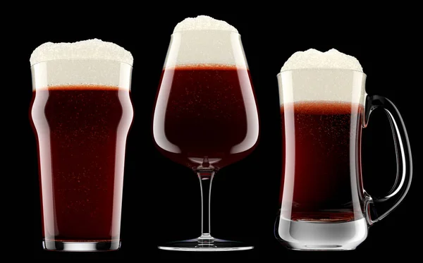 Set frisches Bier in verschiedenen Bechern mit Blasenschaum isoliert auf schwarz. — Stockfoto