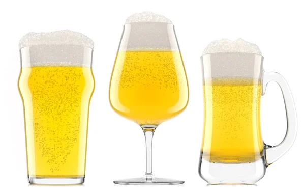 Set Fresh Beer Different Mugs Bubble Froth Isolated White Background — Stock Photo, Image