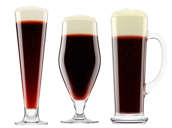 不同杯子中的一组新鲜啤酒 泡沫在白色背景上被隔离 Oktoberfest或圣帕特里克节饮酒的3D渲染概念 — 图库照片