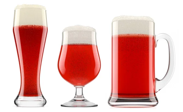 白を基調とした泡の泡が立ち並ぶ異なるマグカップ中の生ビールのセット オクトーバーフェストや聖パトリックの日にアルコールを飲むの3Dレンダリングの概念 — ストック写真