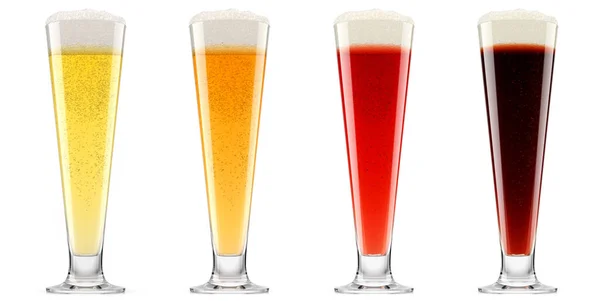 一套带气泡泡沫的新鲜啤酒玻璃杯 独立于白色背景之外 Oktoberfest或圣帕特里克节饮酒的3D渲染概念 — 图库照片