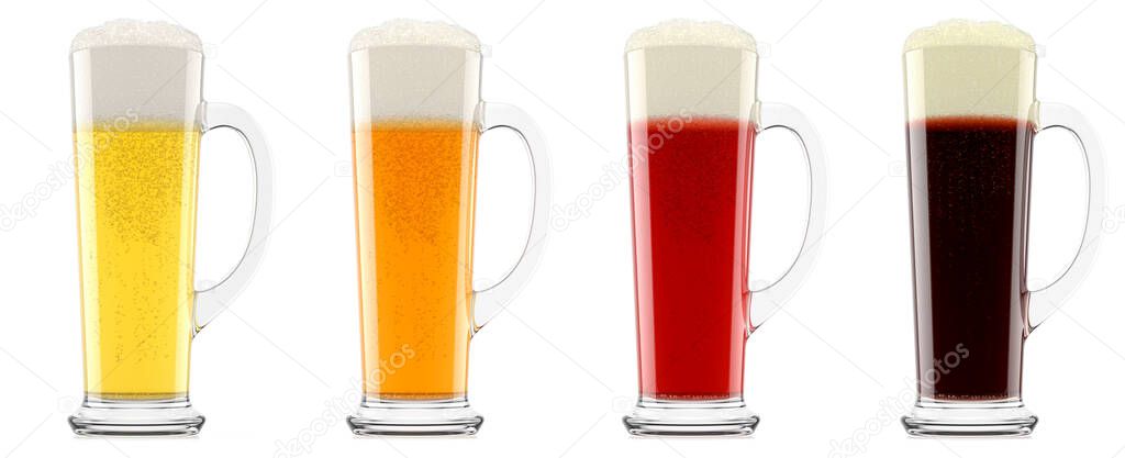 Set of glasses of fresh beer with bubble froth isolated on a white background. 3D rendering concept of drinking alcohol on holidays, Oktoberfest or St. Patrick's Day
