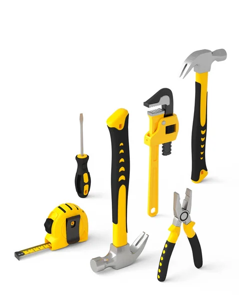 Isometric View Yellow Construction Tools Repair Installation White Background Rendering — Stock Photo, Image