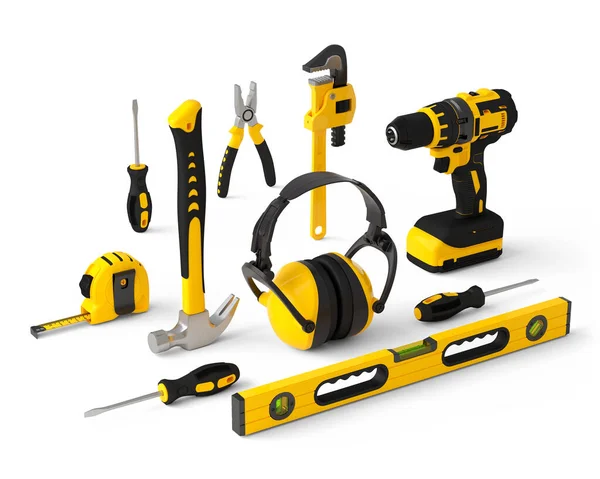 Isometric View Yellow Construction Tools Repair Installation White Background Rendering — Stock Photo, Image