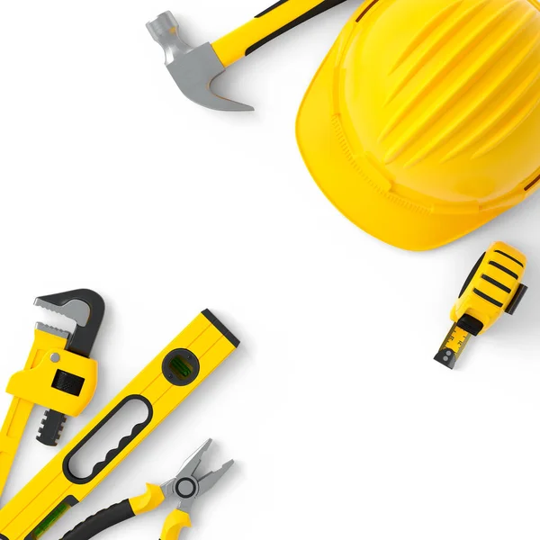 Top View Yellow Construction Tools Repair Installation White Background Rendering — Stock Photo, Image