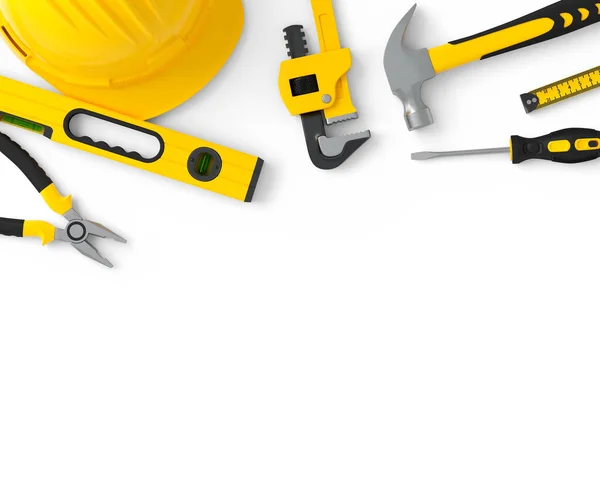 Bovenaanzicht van gele bouwgereedschap voor reparatie en installatie op wit — Stockfoto