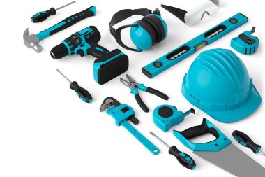 Isometric view of green construction tools for repair on white