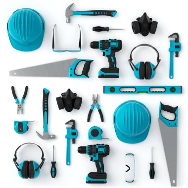 Top view of green construction tools for repair and installation on white