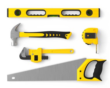 Beyaz üzerinde onarım ve kurulum için sarı inşaat araçlarının üst görünümü