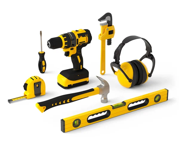 Vue isométrique des outils de construction jaunes pour la réparation sur blanc — Photo