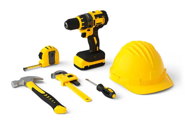 Isometric view of yellow construction tools for repair on white — Stock Photo, Image