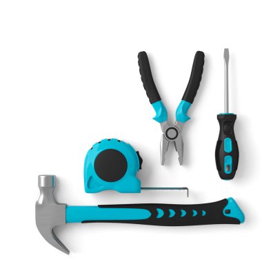 Top view of green construction tools for repair and installation on white