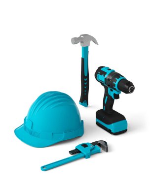 Isometric view of green construction tools for repair on white