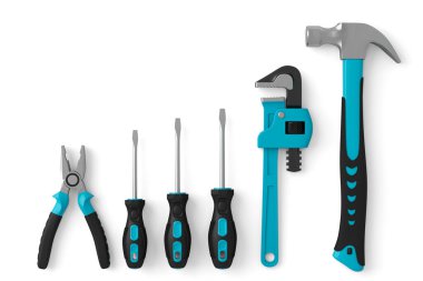 Top view of green construction tools for repair and installation on white