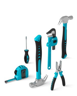 Isometric view of green construction tools for repair on white