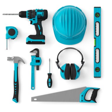 Top view of green construction tools for repair and installation on white