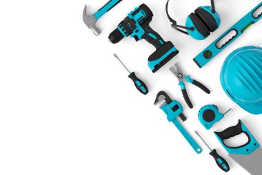 Top view of green construction tools for repair and installation on white