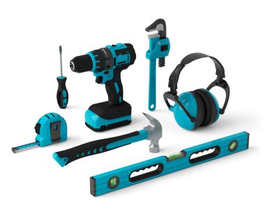 Isometric view of green construction tools for repair on white