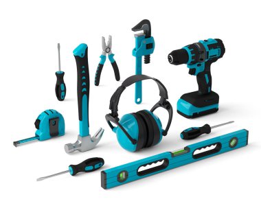 Isometric view of green construction tools for repair on white