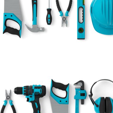 Top view of green construction tools for repair and installation on white