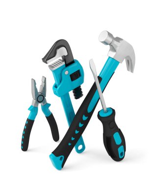 Isometric view of green construction tools for repair on white