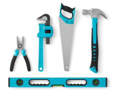 Top view of green construction tools for repair and installation on white