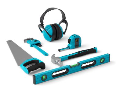 Isometric view of green construction tools for repair on white