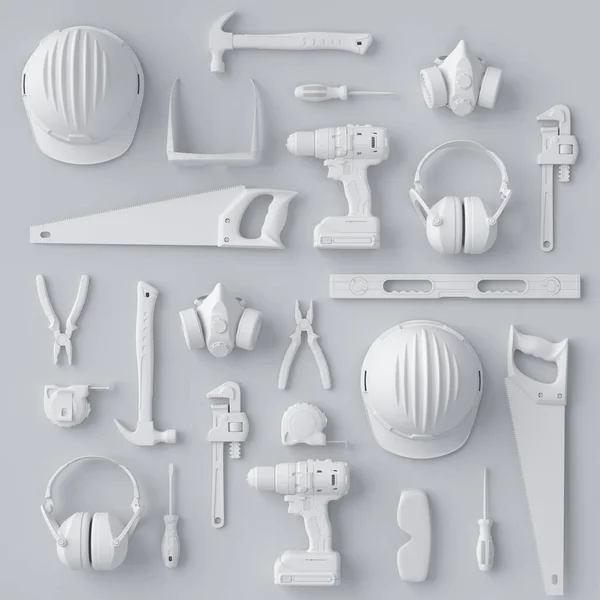 Vue de dessus des outils de construction monochromes pour la réparation et l'installation sur blanc — Photo