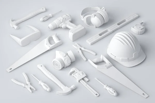 Isometric view of monochrome construction tools for repair on white — Stock Photo, Image