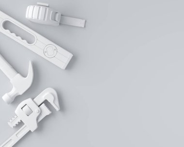 Beyaz üzerinde onarım ve kurulum için monokrom inşaat araçlarının üst görünümü