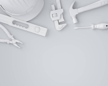 Beyaz üzerinde onarım ve kurulum için monokrom inşaat araçlarının üst görünümü