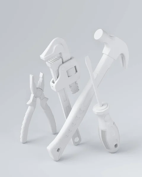 Isometric view of monochrome construction tools for repair on white — Stock Photo, Image