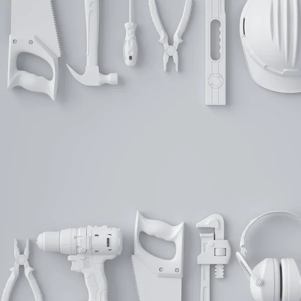 Widok z góry monochromatycznych narzędzi budowlanych do naprawy i montażu na białym — Zdjęcie stockowe