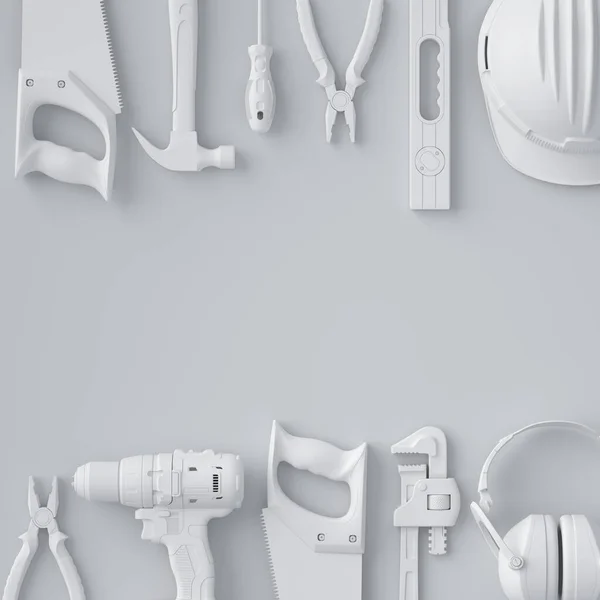 Top view of monochrome construction tools for repair and installation on white — Stock Photo, Image