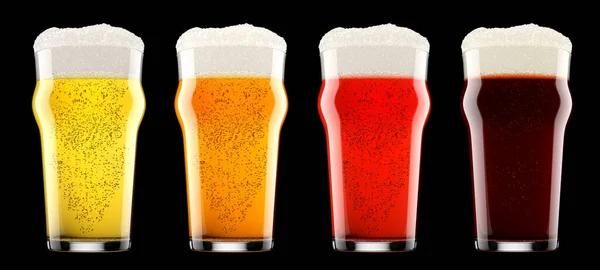 Set of glasses of fresh beer with bubble froth isolated on black background. — Stock Photo, Image