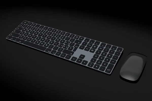 Modern aluminum computer keyboard and mouse isolated on black background. — Stockfoto