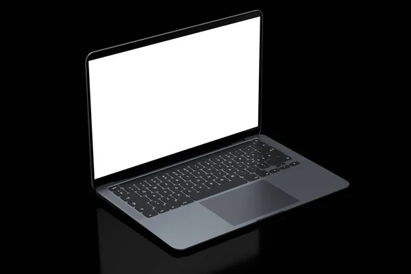 검은 배경에 빈 흰색 화면 이 있는 실제 알루미늄 노트북. — 스톡 사진