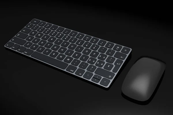 Modern black aluminum computer keyboard and mouse isolated on black background. — Stockfoto